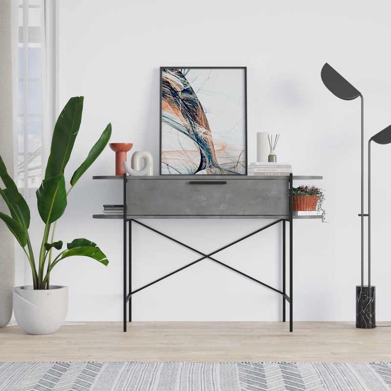 Mourah Home Otis Modern Console Table With Drawer & Open Shelves â€“ Metal Frame Entryway Table For Living Room, Hallway & Bedroom- Retro Grey/ White- 2 Years Warranty - Image 1